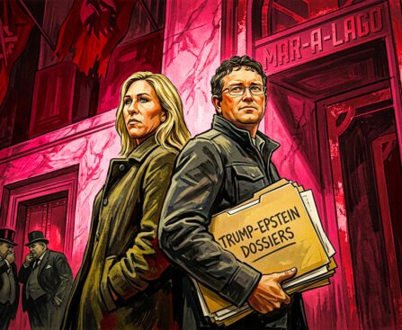 Marjorie Taylor Greene en Thomas Massie staan rug aan rug met een map Trump-Epstein-dossiers voor een donkere ingang van Mar-a-Lago.