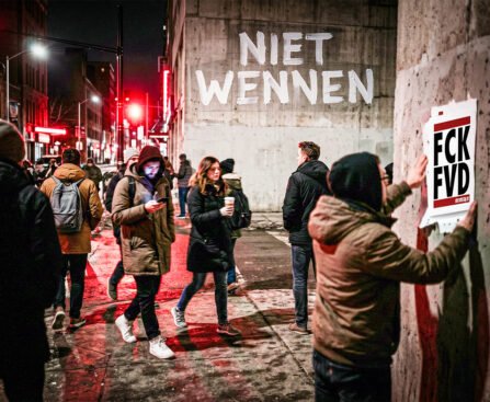 Mensen lopen door een donkere stadsstraat terwijl op een muur “Niet wennen” staat en iemand een poster tegen FVD ophangt.