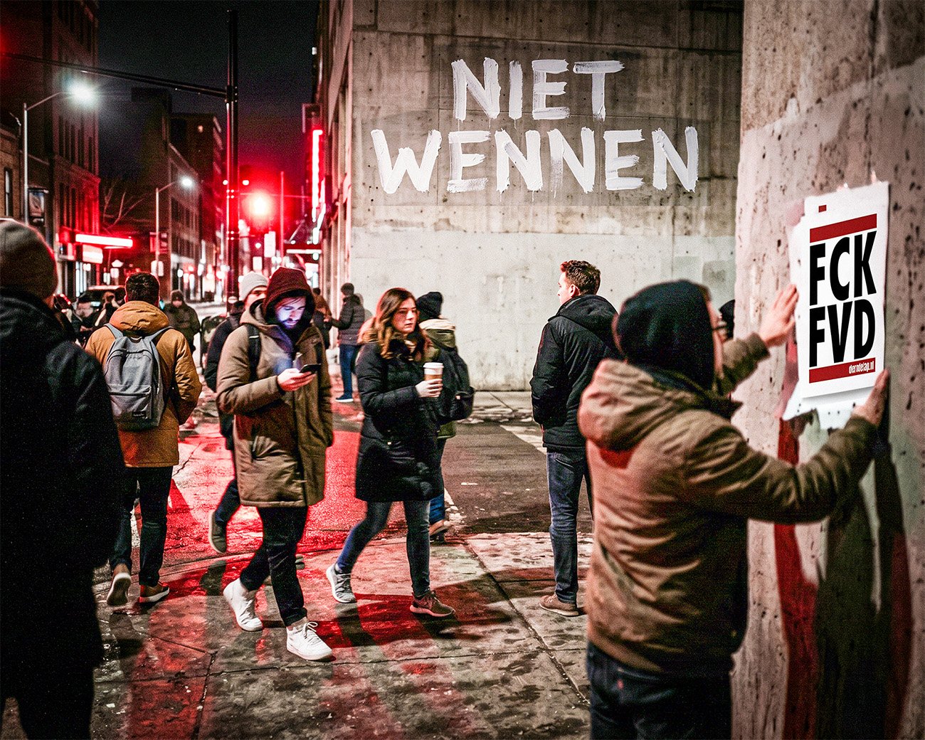 Mensen lopen door een donkere stadsstraat terwijl op een muur “Niet wennen” staat en iemand een poster tegen FVD ophangt.