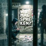 Een jonge man zit met telefoon bij een redactiekantoor, terwijl op de muur achter hem “Wie mag spreken?” staat.