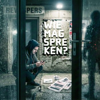 Een jonge man zit met telefoon bij een redactiekantoor, terwijl op de muur achter hem “Wie mag spreken?” staat.