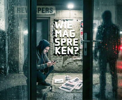 Een jonge man zit met telefoon bij een redactiekantoor, terwijl op de muur achter hem “Wie mag spreken?” staat.