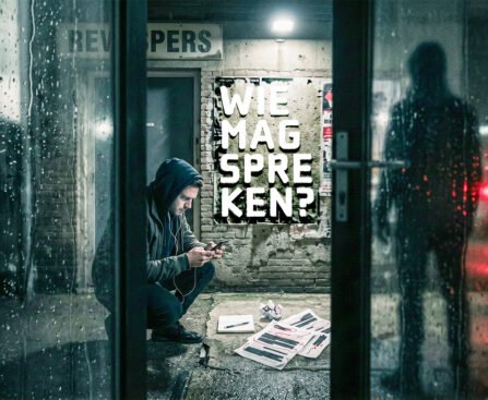 Een jonge man zit met telefoon bij een redactiekantoor, terwijl op de muur achter hem “Wie mag spreken?” staat.