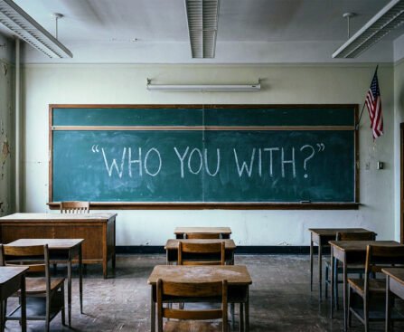 Leeg Amerikaans klaslokaal met op het schoolbord de tekst “Who you with?” en een Amerikaanse vlag aan de muur.