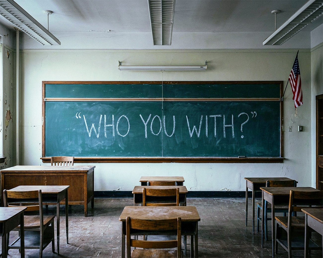 Leeg Amerikaans klaslokaal met op het schoolbord de tekst “Who you with?” en een Amerikaanse vlag aan de muur.