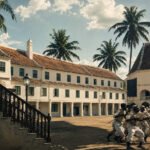 Groep opstandelingen tijdens de slavenopstand van Tula in Willemstad op Curaçao in 1795, met koloniale gebouwen en palmbomen op de achtergrond.