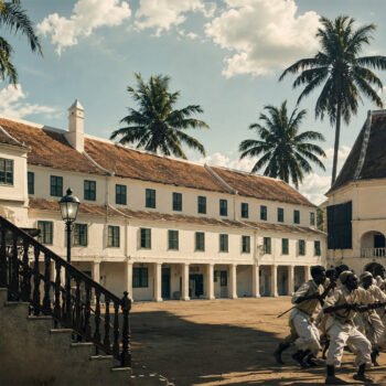 Groep opstandelingen tijdens de slavenopstand van Tula in Willemstad op Curaçao in 1795, met koloniale gebouwen en palmbomen op de achtergrond.