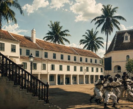 Groep opstandelingen tijdens de slavenopstand van Tula in Willemstad op Curaçao in 1795, met koloniale gebouwen en palmbomen op de achtergrond.