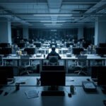 Een bijna leeg kantoor met rijen bureaus en één persoon achter een verlicht computerscherm, omringd door lege werkplekken.