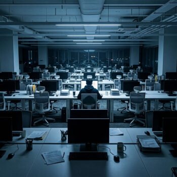 Een bijna leeg kantoor met rijen bureaus en één persoon achter een verlicht computerscherm, omringd door lege werkplekken.
