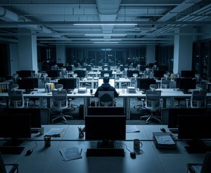 Een bijna leeg kantoor met rijen bureaus en één persoon achter een verlicht computerscherm, omringd door lege werkplekken.