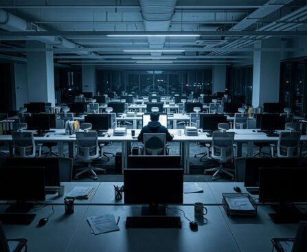 Een bijna leeg kantoor met rijen bureaus en één persoon achter een verlicht computerscherm, omringd door lege werkplekken.