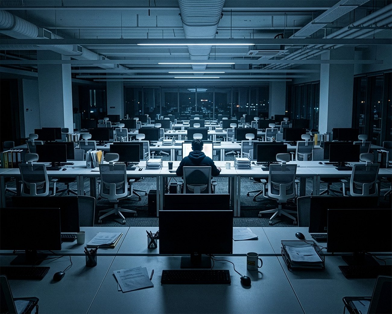 Een bijna leeg kantoor met rijen bureaus en één persoon achter een verlicht computerscherm, omringd door lege werkplekken.