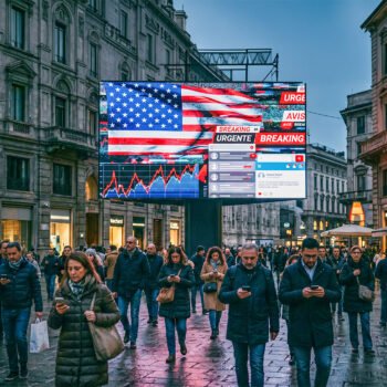 Europees stadsplein met mensen op telefoons onder een groot digitaal scherm met Amerikaanse vlag, nieuwsflitsen en beursgrafieken.