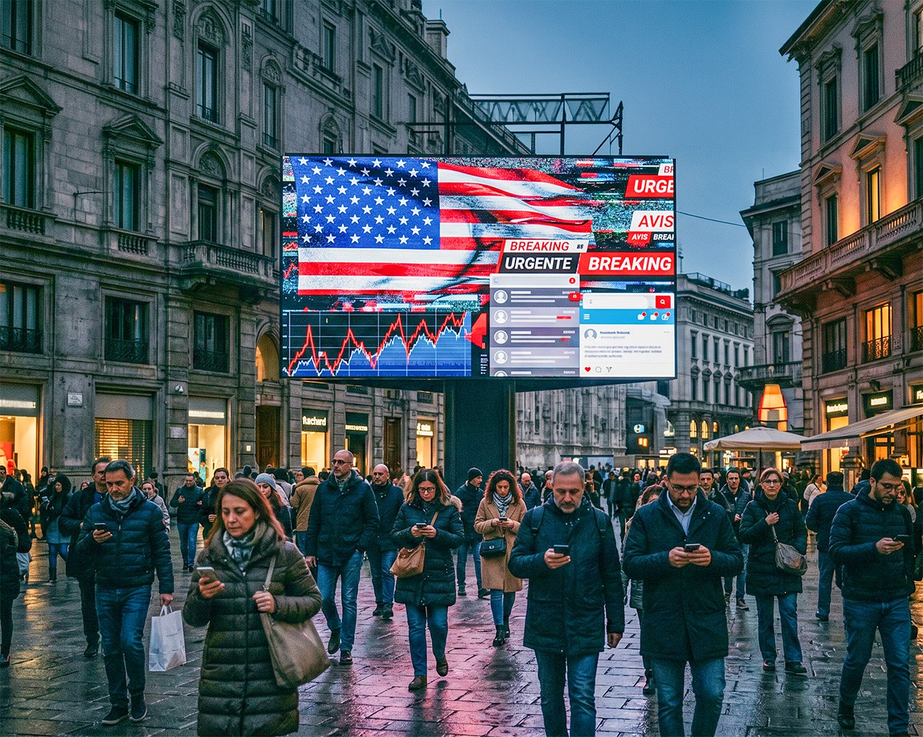 Europees stadsplein met mensen op telefoons onder een groot digitaal scherm met Amerikaanse vlag, nieuwsflitsen en beursgrafieken.