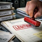 Een hand drukt een rode stempel met het woord legitiem op een dossier over migratiebeleid.
