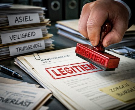 Een hand drukt een rode stempel met het woord legitiem op een dossier over migratiebeleid.