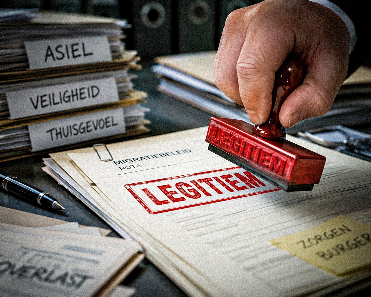 Een hand drukt een rode stempel met het woord legitiem op een dossier over migratiebeleid.