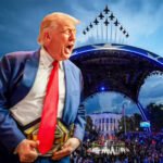Donald Trump staat voor een groot UFC-spektakel bij het Witte Huis, met een vechtkooi, publiek en straaljagers op de achtergrond.