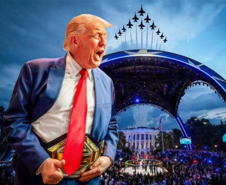 Donald Trump staat voor een groot UFC-spektakel bij het Witte Huis, met een vechtkooi, publiek en straaljagers op de achtergrond.