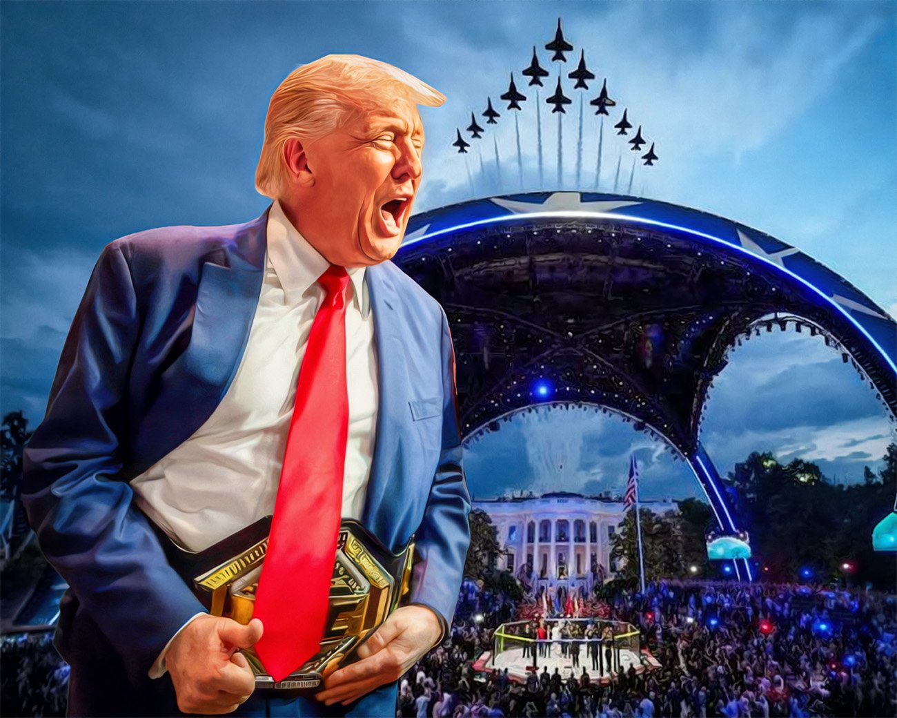 Donald Trump staat voor een groot UFC-spektakel bij het Witte Huis, met een vechtkooi, publiek en straaljagers op de achtergrond.