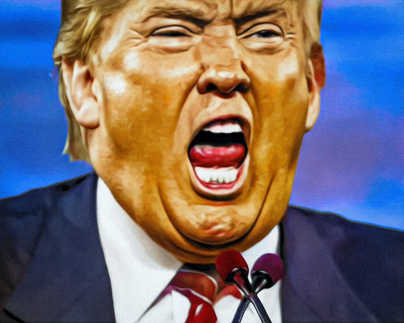 Trump schreeuwt achter microfoons tijdens een toespraak, als beeld bij Trumpisme, vijanddenken en autoritaire politiek.