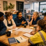 Een diverse groep werkenden zit rond een tafel in een kantine of werkruimte en bespreekt samen papieren, notities en een werkschema.