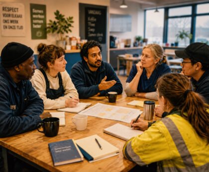 Een diverse groep werkenden zit rond een tafel in een kantine of werkruimte en bespreekt samen papieren, notities en een werkschema.
