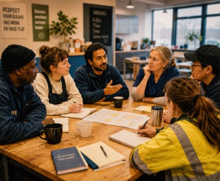 Een diverse groep werkenden zit rond een tafel in een kantine of werkruimte en bespreekt samen papieren, notities en een werkschema.