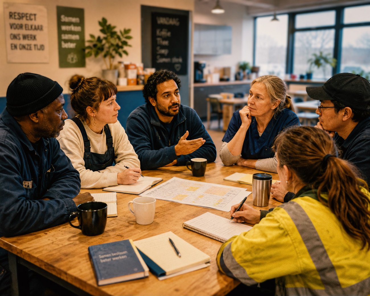 Een diverse groep werkenden zit rond een tafel in een kantine of werkruimte en bespreekt samen papieren, notities en een werkschema.