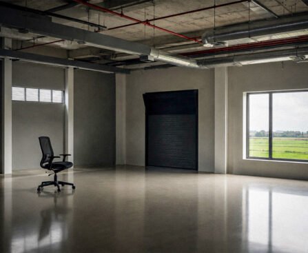 Lege kantoorruimte met één bureaustoel, een raam naar buiten en leidingen aan het plafond, als beeld bij bore-out en leeg werk.