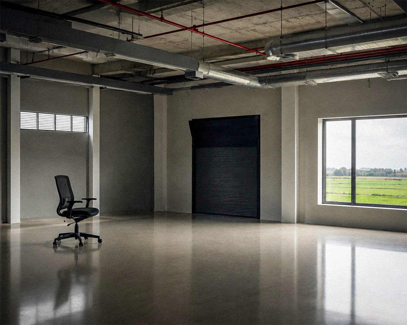 Lege kantoorruimte met één bureaustoel, een raam naar buiten en leidingen aan het plafond, als beeld bij bore-out en leeg werk.