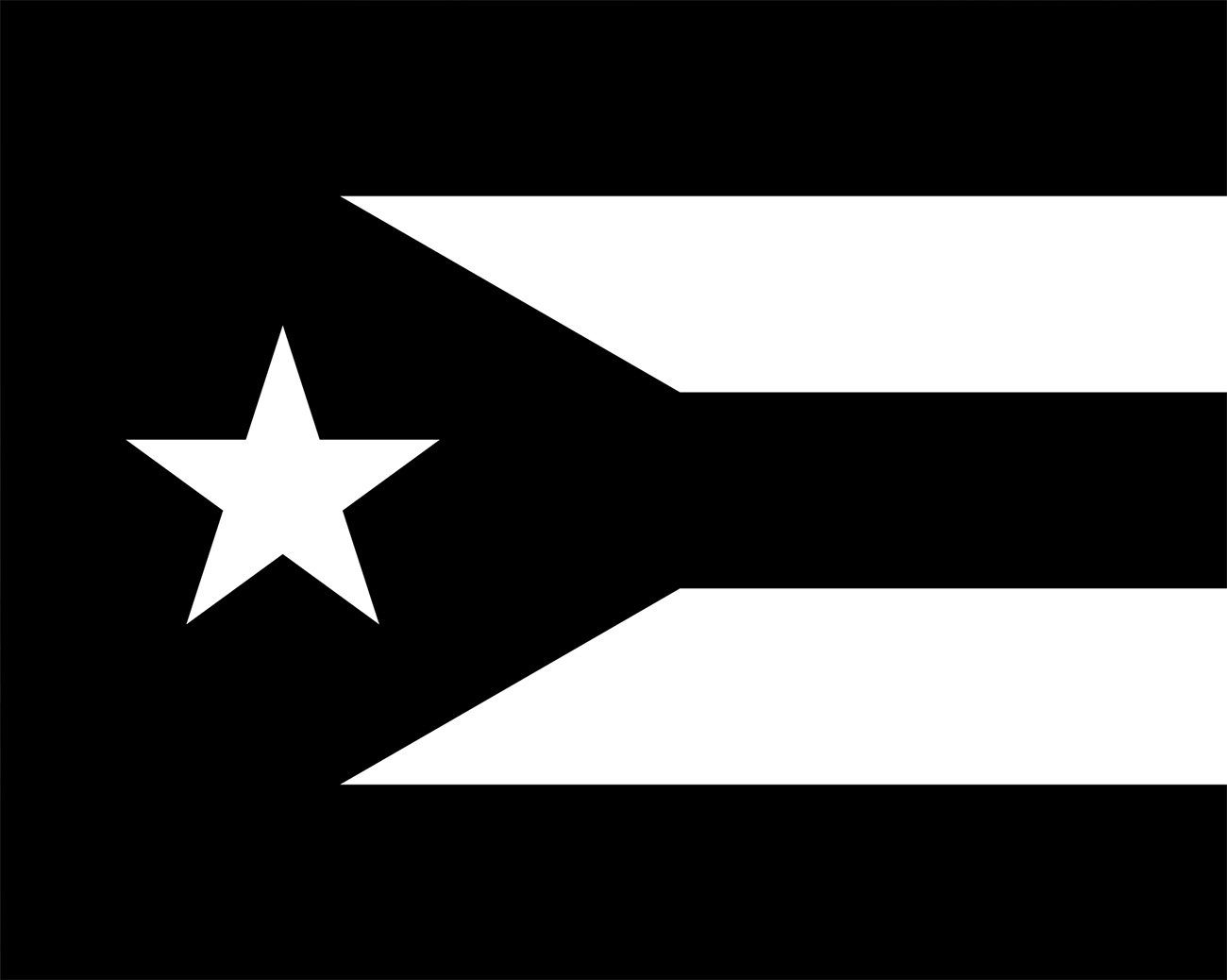 Zwart-witte Puerto Ricaanse vlag met witte ster en strepen als symbool van rouw, verzet en zelfbeschikking.