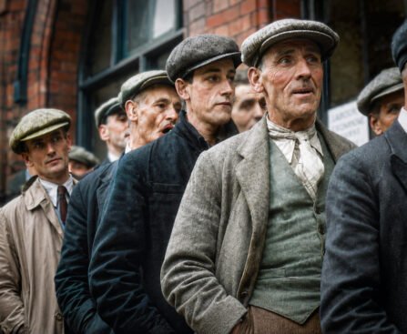 Groep arbeiders met petten en jassen staat dicht op elkaar bij een gebouw in het East End rond 1930.
