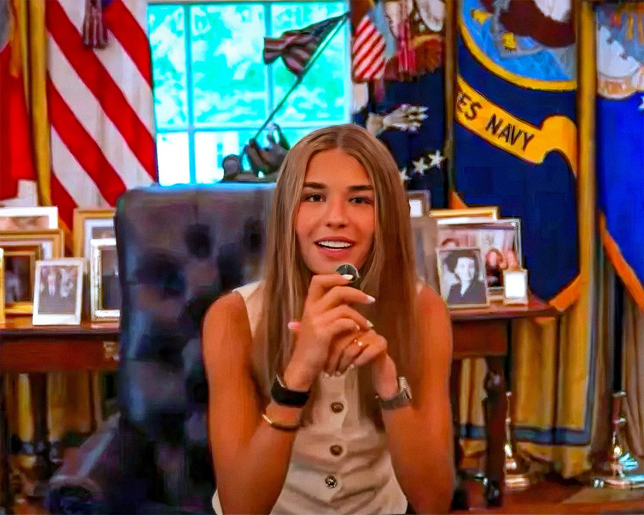 Jonge vrouw zit achter het presidentiële bureau in een Oval Office-achtige ruimte met Amerikaanse vlaggen, familiefoto’s en staatsdecor op de achtergrond.