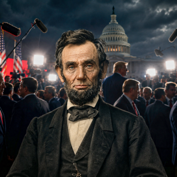 Abraham Lincoln staat ernstig voor een moderne Amerikaanse politieke scène met microfoons, vlaggen, televisielampen, politici en het Capitool.