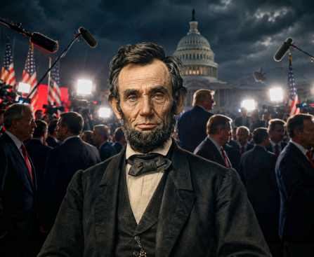 Abraham Lincoln staat ernstig voor een moderne Amerikaanse politieke scène met microfoons, vlaggen, televisielampen, politici en het Capitool.
