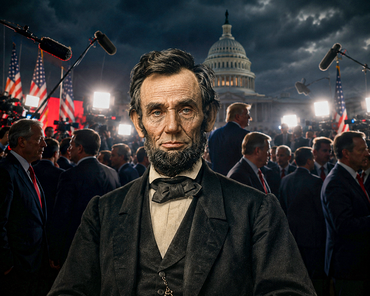 Abraham Lincoln staat ernstig voor een moderne Amerikaanse politieke scène met microfoons, vlaggen, televisielampen, politici en het Capitool.