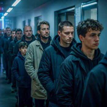 Mannen en jongens staan zwijgend in een rij in een smalle gang en kijken gespannen vooruit.