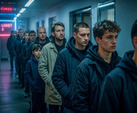Mannen en jongens staan zwijgend in een rij in een smalle gang en kijken gespannen vooruit.