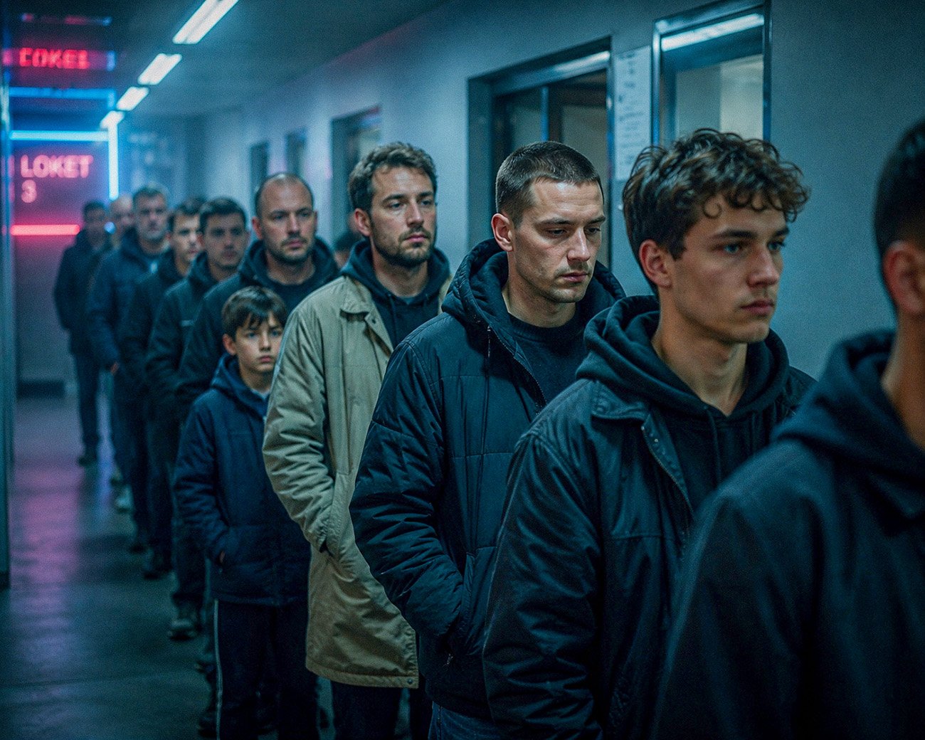 Mannen en jongens staan zwijgend in een rij in een smalle gang en kijken gespannen vooruit.