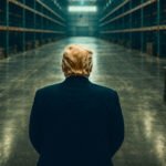 Donald Trump van achteren in een vrijwel lege militaire opslagplaats met hoge stellingen.