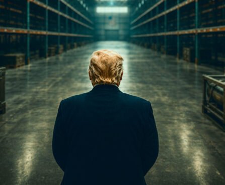 Donald Trump van achteren in een vrijwel lege militaire opslagplaats met hoge stellingen.