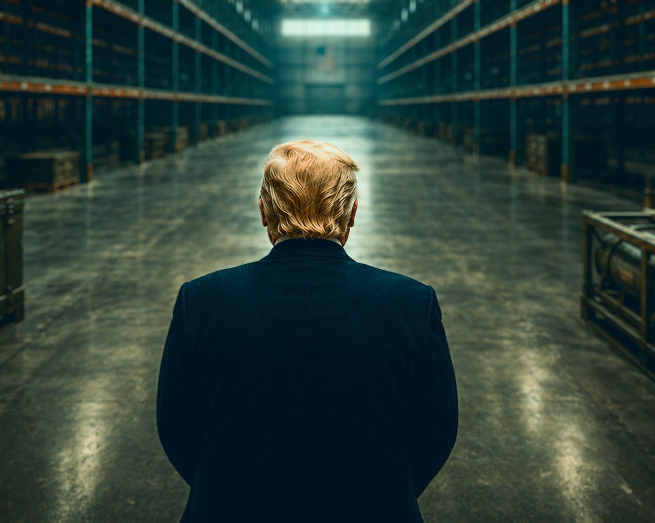 Donald Trump van achteren in een vrijwel lege militaire opslagplaats met hoge stellingen.