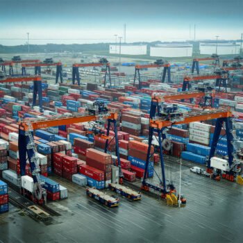 Containers en kranen op een goederenterminal in de Amsterdamse haven.