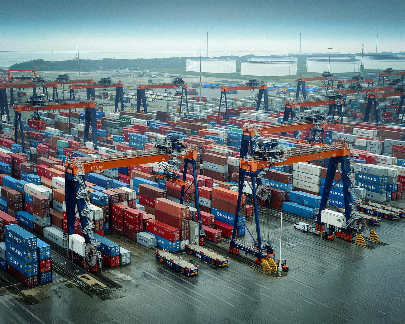 Containers en kranen op een goederenterminal in de Amsterdamse haven.