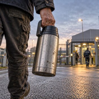 Arbeider met een metalen thermos in de hand, met een fabriekspoort en een andere arbeider op de achtergrond.